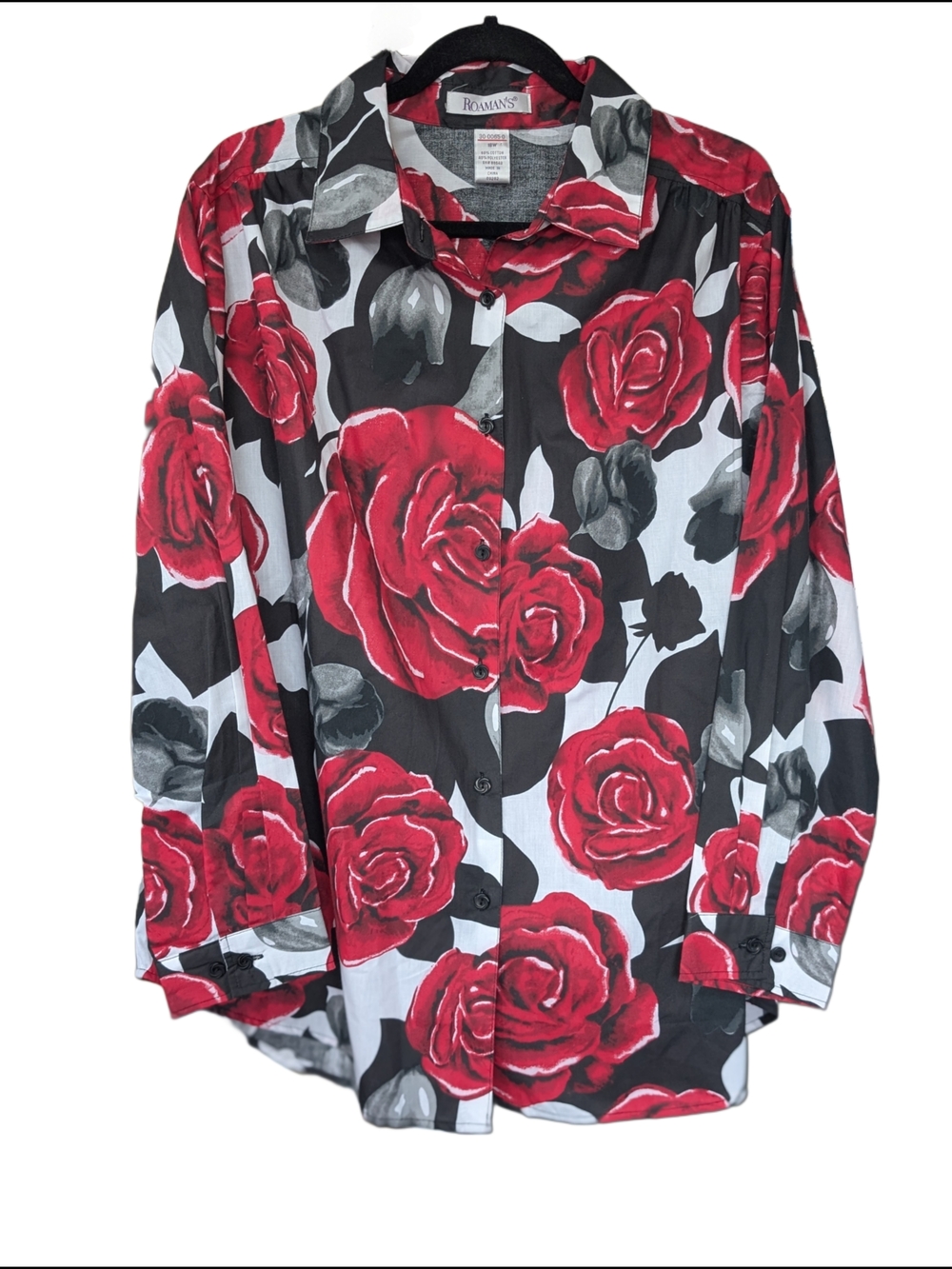 Roaman's White Blouse with Red & Black Rose Print